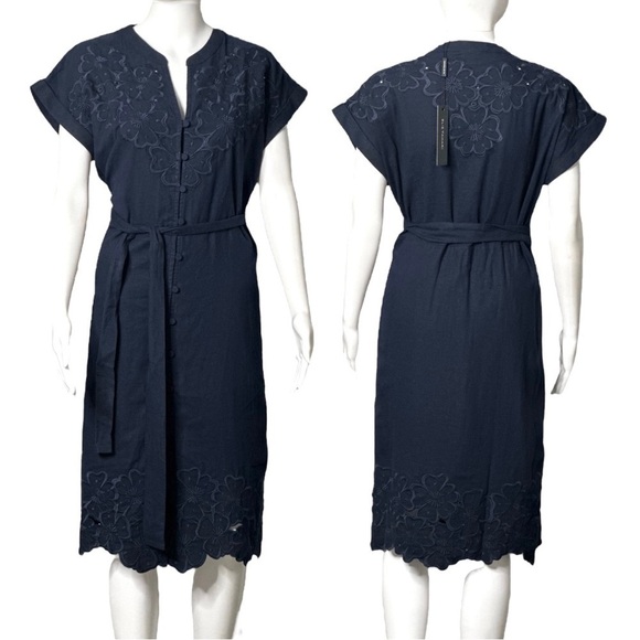 ELIE TAHARI Linen Blend Cap Sleeve Eyelet Trim Navy Blue Knee Length Dress - Picture 2 of 12